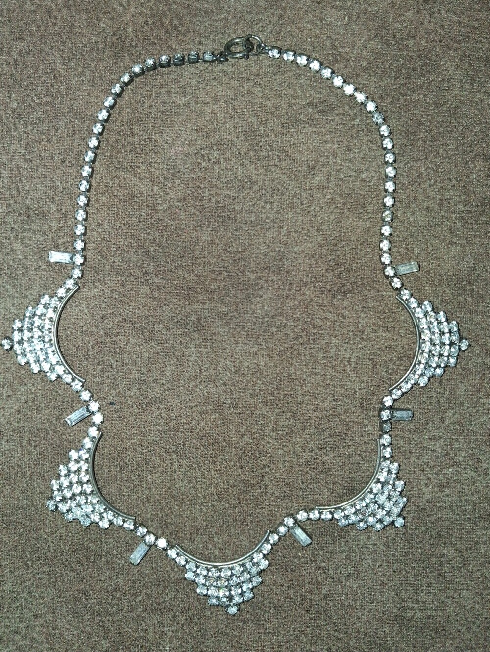 Vintage Art Deco 1950s Clear Rhinestone Festoon Bib Necklace Mid-Century Glamour